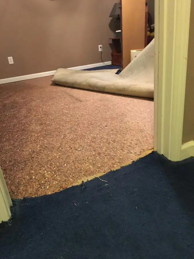 Carpet pad removal revealing water damage during Water Mitigation Services in North Union