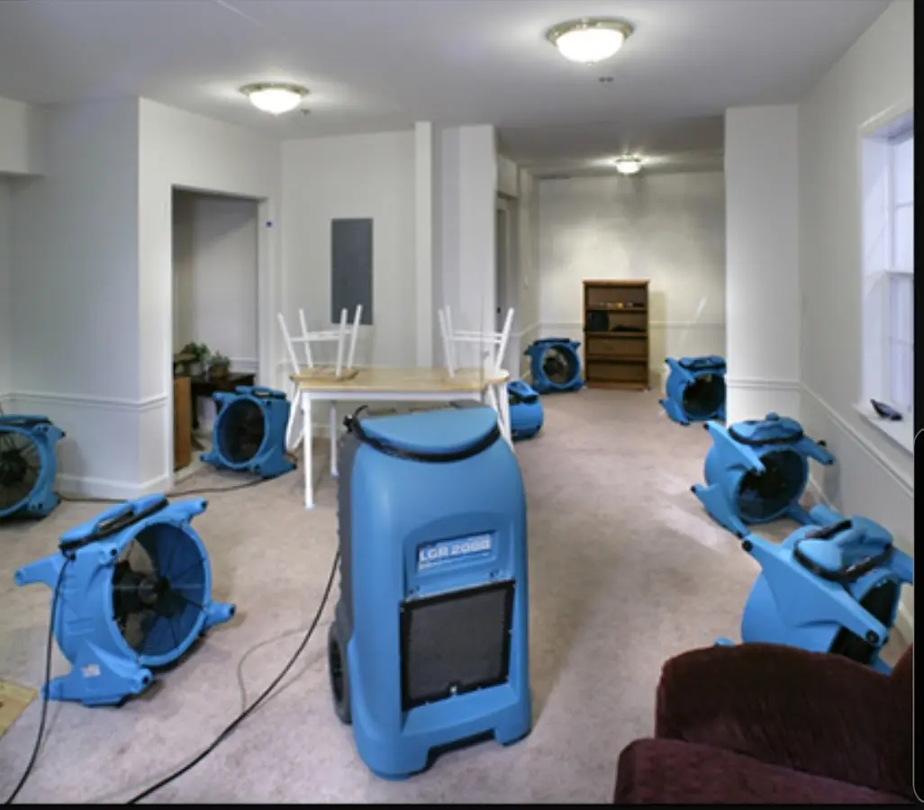 Air movers and dehumidifier setup for Water Damage Restoration in North Union